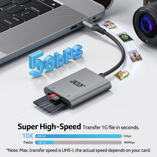 Acer acer USB-C SD Card Reader, High Speed Type-C Micro SD Card Adapter, USBC External Memory Card Reader for SD/Micro SD/SDHC/SDXC/MMC, iPhone 15 16 17, 1