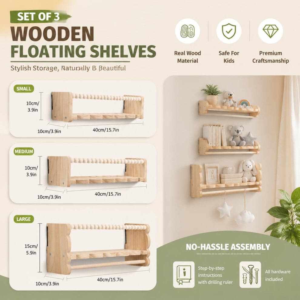 Dpterranubis Nursery Floating Book Shelves Set Of 3 40Cm Wooden Wallmo