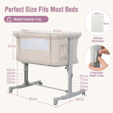 Maxmass 3 In 1 Bedside Crib, Co-Sleeping Baby Cot with Safe Strap, Soft Mattress, Universal Wheels and Carry Bag, Portable Moving Bassinet for 0-5 Mo