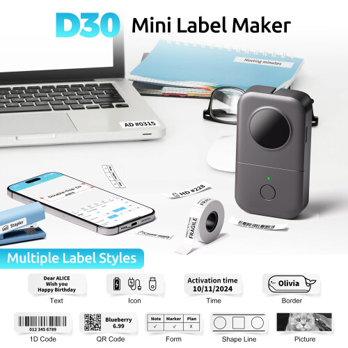 Phomemo Label Maker D30 Bluetooth Label Maker, Mini Label Printer Multiple Templates Font Icon, Portable Inkless Thermal Label Printer for Home, offi 2