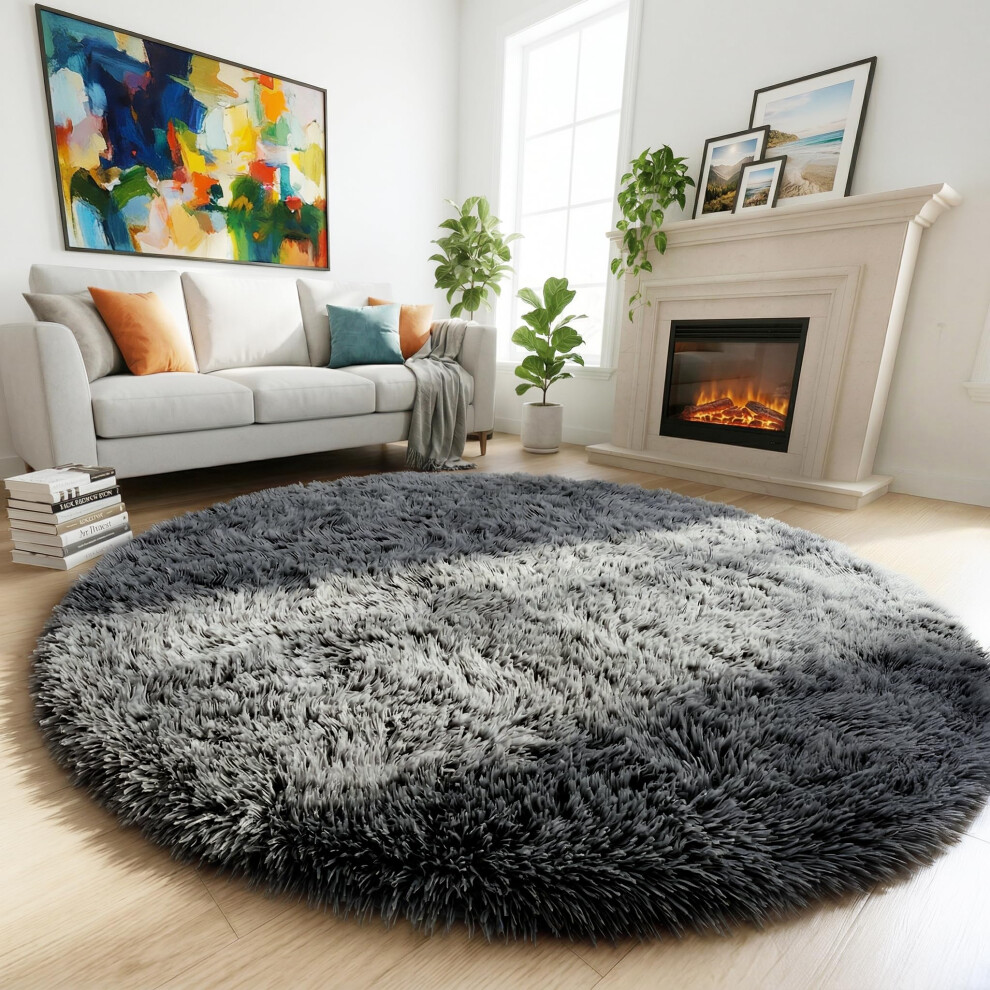 Amdrebio Gray Round Rug - Fluffy Circle Carpet, 5'X5', Plush For Bedroom, Kids, Teen's & Nursery Rooms, Dorm - Cute Decor