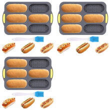 3X Silicone Pan, Hot Dog Bun Pan with Oil Brush,6 Gutter Nonstick French Bread Bake Mold, French Bread Loaf Pan