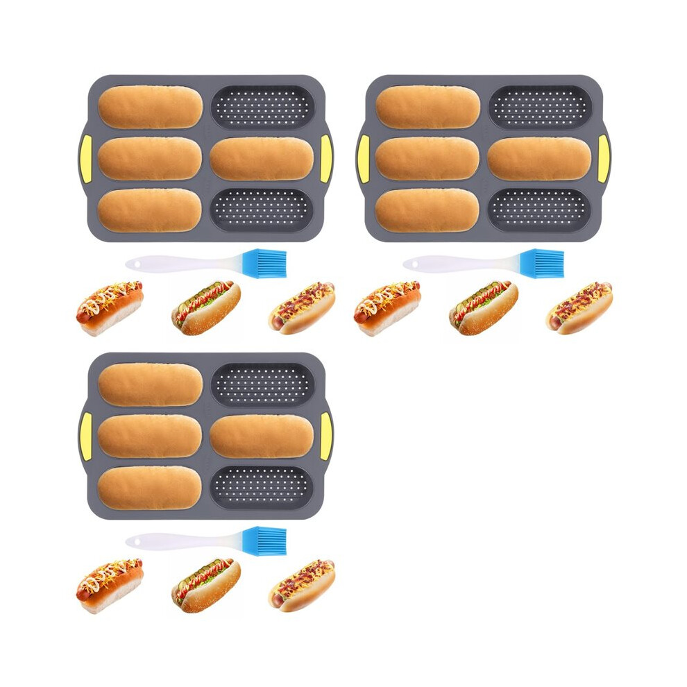 Bobotron 3X Silicone Pan, Hot Dog Bun Pan With Oil Brush,6 Gutter Nonstick French Bread Bake Mold, French Bread Loaf Pan