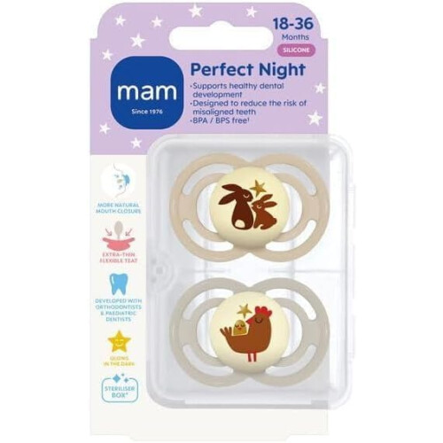 MAM MAM Perfect Dummies, 18-36M, 2 Pack, Orthodontic Design, Cream/Grey 1