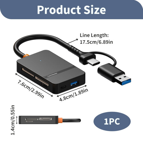 6-in-2 SD Card Reader, Memory Card Reader, 5Gbps High Speed USB 3.0 and USB-C Multi-Card Reader for SD, TF, MS, CF Card, Compatible with iPhone MacBo 1