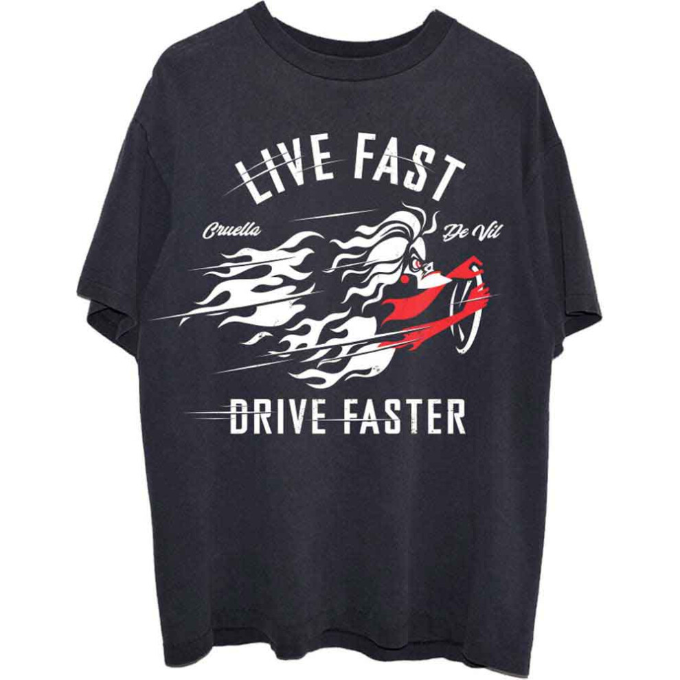 Disney (L, Black) 101 Dalmations Cruella Live Faster T Shirt