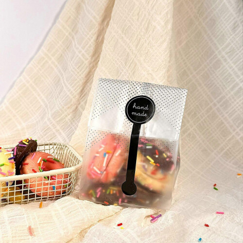 100 Clear Plastic Bags + Black Stickers for Bakery, Cookie & Candy Packaging 1