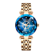 (Rose gold blue surface) Premium Women's Ocean Heart Quartz Watch, Diamond Inlaid Stainless Steel Band Waterproof Ladies Wristwatch