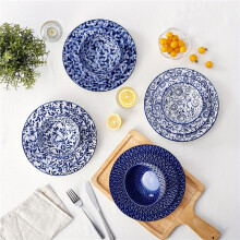 (Blue-and-white - 12 Pcs) Set of 12 Blue And White Porcelain Dishes, Including Dinner Plates, Dessert Plates, And Cereal Bowls for Four People