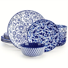 (12Pcs-06) Set of 12 Blue And White Porcelain Dishes, Including Dinner Plates, Dessert Plates, And Cereal Bowls for Four People