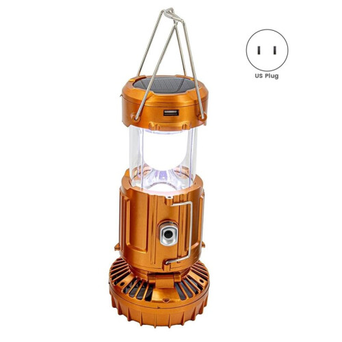 2-in-1 Solar Camping Lantern with LED Light and Adjustable Fan, USB Charging Station Silver US Plug 1