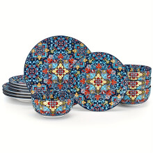 (04 - 12 Pcs) 12pcs Dinner Set Stoneware Bohemian Style Tableware with Dinner Plate Dessert Plate Cereal Bowls Service for 4