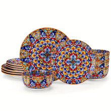 (02 - 12 Pcs) 12pcs Dinner Set Stoneware Bohemian Style Tableware with Dinner Plate Dessert Plate Cereal Bowls Service for 4