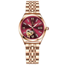 (P320 steel belt rose gold wine red) Diamond Inlaid Calendar Waterproof Luminous Women Watch, Stylish Trendy Durable for Students