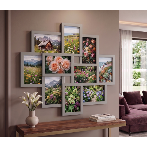 10-Multi Aperture Wall Photo Frame Grey 55x49x2Cm