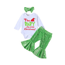 (6-12 Months, Green) Baby Girls 3PCS Pants Sets Long Sleeve Letter Print Romper Plush Flared Pants Headband Sets