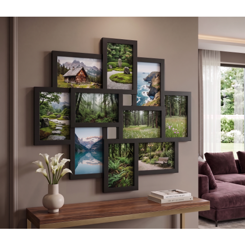 10-Multi Aperture Wall Photo Frame Black 55x49x2Cm
