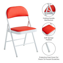(Red) Set of 2 Folding Chairs, Faux Leather Foldable Chairs with Metal Frame and Padded Seat, Easy to Fold and Store for Home