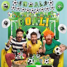 Fotbollsfesttallrikar, Bordsservis med Banderoll, Tallrikar, Koppar, Servetter och Duk för Fotbolls-VM