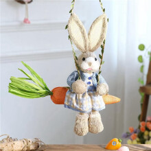 4X Easter Straw Bunny Figurine, Straw Rabbit Carrot Swing, Bunny Statue Hanging Ornament A