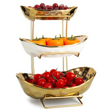 3 Tier Fruit Bowl for Kitchen Counter, White Gold Ceramic Fruit Stand for Countertop, Home Fruit Rack with Holder