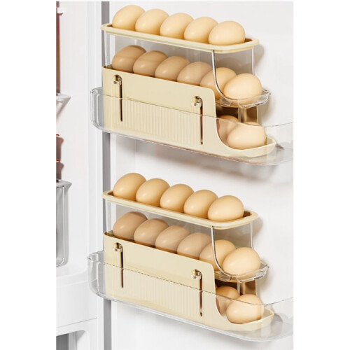 3 Tier Foldable Egg Holders,Rolling Egg Holder for Refrigerator,Automatic Rolling Egg Storage Tray,Egg Tray Cream Color 1