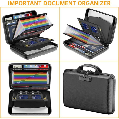 Fireproof File Organizer with Lock, Hard-Shell Case Fireproof Document Box with 13 Accordion File Folder, for Important 1