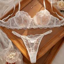 (White, L) Valentine'S Day European And American French White Lace Bra Set, Center Bow with Rubber Bone Fixed Chest Bra Japanese