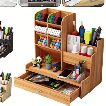 (Cherry Wood) 1pc Desktop Storage Rack, Desk And Drawer Organizer for Home Storage Bamboo Wooden Desk Organizer with Drawer -