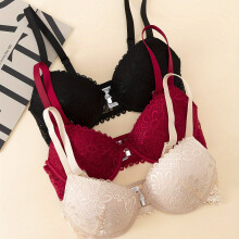 (Mixed Color, 32C) 3pcs Set Sexy Lace Front-Closure Backless Semi-Sheer Push-Up Lift Shaping Bra, Deep V Anti-Sagging, Big Bust Reducing