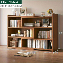 (Walnut Color, 3 Tier:(60-110)*17*80cm) Expandable Desktop Storage Rack Book Shelf Organizer Adjustable Width Bookshelf