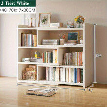 (White, 3 Tier:(40-70)*17*80cm) Expandable Desktop Storage Rack Book Shelf Organizer Adjustable Width Bookshelf