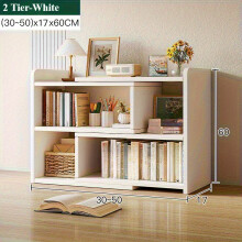 (White, 2 Tiers: (30-50)*17*60cm) Expandable Desktop Storage Rack Book Shelf Organizer Adjustable Width Bookshelf