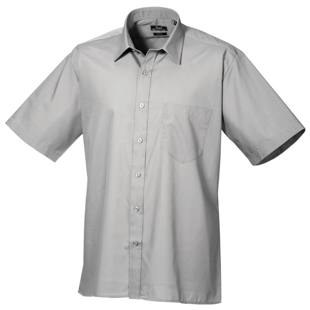 Premier (19, ) Mens Short Sleeve Formal Poplin Plain Work Shirt Silver