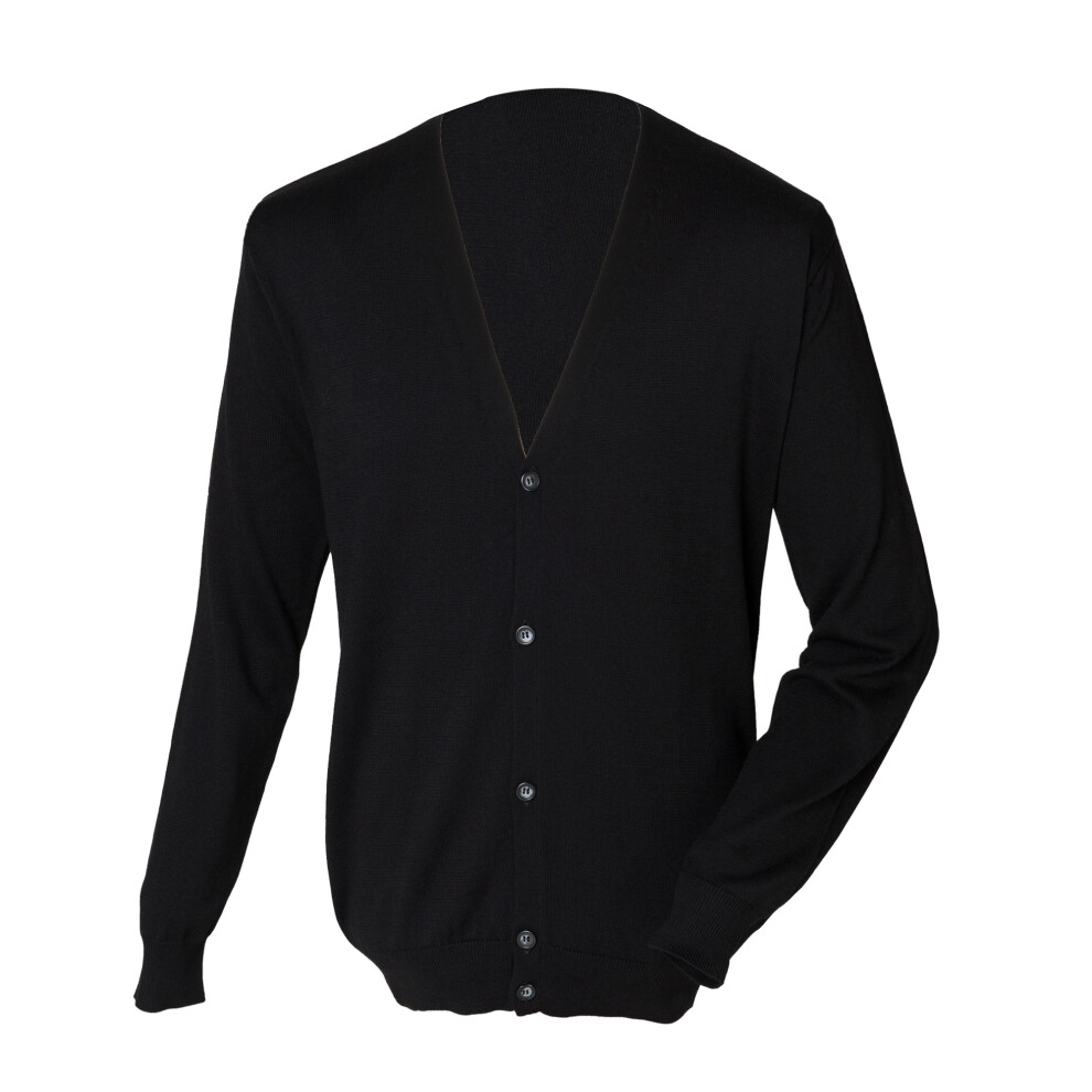 (L, Black) Henbury Mens V Neck Button Fine Knit Cardigan