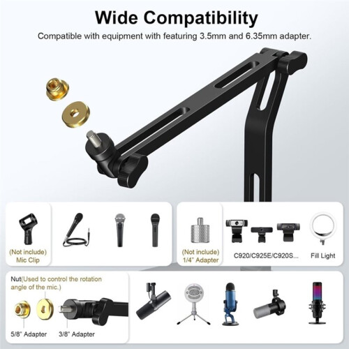 Suporte de Mesa para Microfone com Braço Articulado e Adaptador de 3/8" para 5/8", Compatível com  , para HyperX QuadCast, SoloCast e