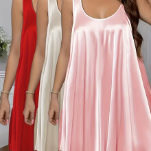 (Red+Champagne+Pink, 20) 3pcs Women'S Sexy Sleeveless Nightgown Set - Solid Color, Round Neck, Stretchy Fabric, Summer Sleepwear, Casual Home