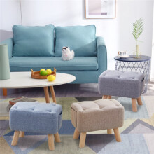 (Blue) Hallway Shoe Stool with Storage Pocket Tufted Linen Padded Stool Footstool Sofa Side Footrest Living Room Bedroom