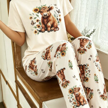 (Mixed colors, 10) [Highland Cow Print] Women's Highland Cow Print | Sunflower Butterfly Pajama Set | Crew Neck Short Sleeve Long Pants