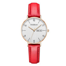 (069 red leather rose shell white face women's watch) Ultra Thin Ladies Quartz Watch Dual Calendar Waterproof Luminous Dial Casual Wristwatch