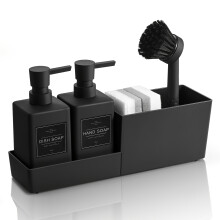 (Black) Matte Double Soap Dispenser Set, with Sponge Holder and Brush, Independent Countertop Storage Box,