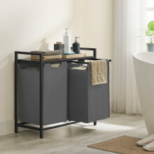 (Brown and Grey) Dirty Laundry Basket, 2 Compartments, Bin, with 2 Removable Oxford Cloth Bags, Metal Frame,2 X 46 Litres，73 X 33 X 72cm