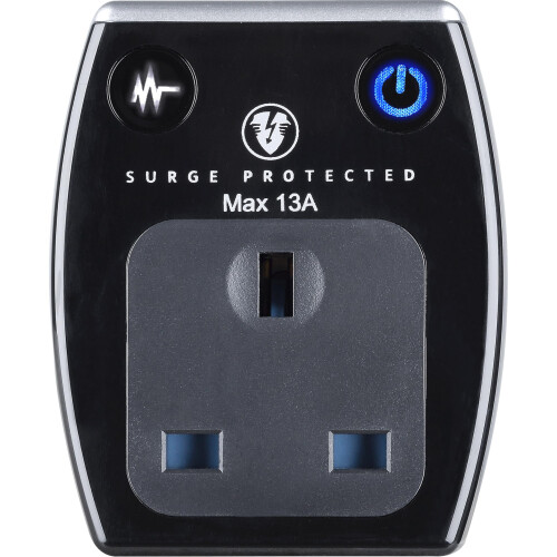 Masterplug Single Socket Surge Protected Power Adaptor with Two USB Charging Points, Polished Black