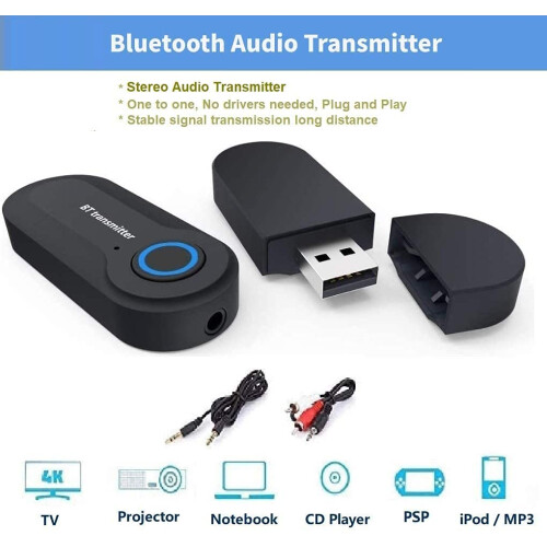 Bluetooth Transmitter, Wireless Portable Stereo USB Transmitter, Bluetooth 5.0 Transmitter for 3.5mm Audio Devices & RCA Connections, Paired with Blu 2