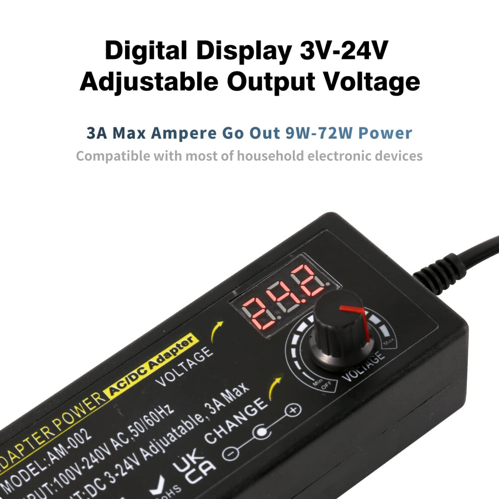 Adjustable Power Supply, 3V-24V 3A 72W Dc Variable Universal Ac/Dc Adapter 100V-240V Ac To Dc Converter With Multiple Converter Heads & Led Voltage D 5003772080183