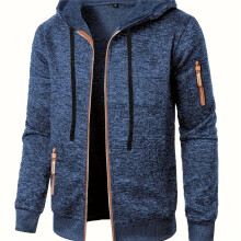(Navy Blue, 44) Men'S Hooded Zip-Up Sweater Jacket - Long Sleeve Thin Fleece-Lined Casual Outerwear with Front Pockets, Solid Black,