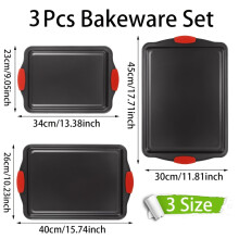 (3pcs) Hittebestendige bakplaat met antiaanbaklaag en rode siliconen handgreep |Rechthoekige bakplaat voor oven, cake, brood -