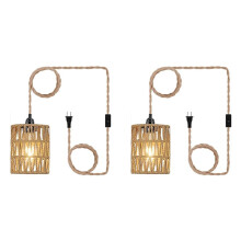 2X Boho Plug In Pendant Light, Lampada A Sospensione con Cavo di Collegamento, Lampada da Soffitto In Rattan con Paralume Cilindrico, Interruttore,