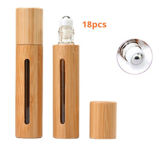 18 St 10 Ml Bambu Kulkullagerflaskor för Eteriska Oljor med Rostfria Stålrullar Eteriska Oljeflaskor 1