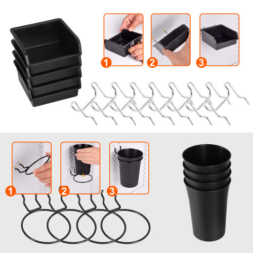 12 Pack Pegboard Containers, Pegboard Containers, Pegboard Cups with Hooks and Loops, Pegboard Garage Tool Rack, Desktop Storage for Garage Workbench, 2